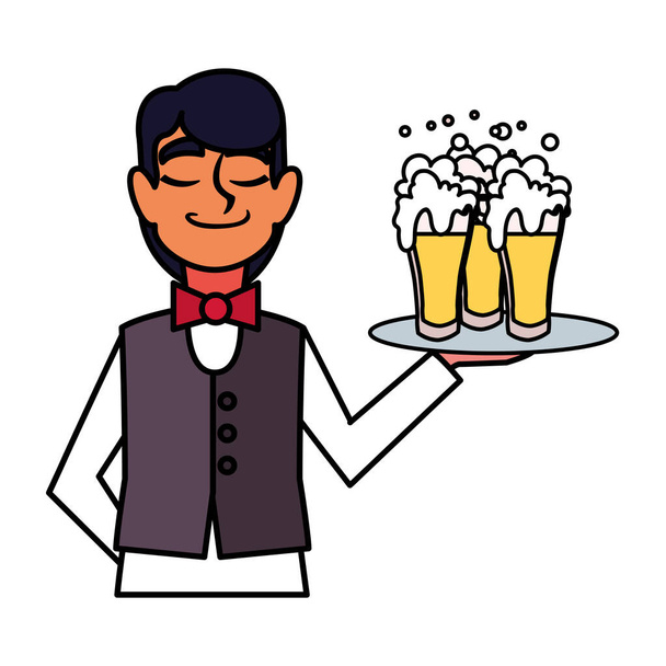 hombre camarero celebración bandeja vasos de cerveza sobre fondo blanco
 - Vector, Imagen