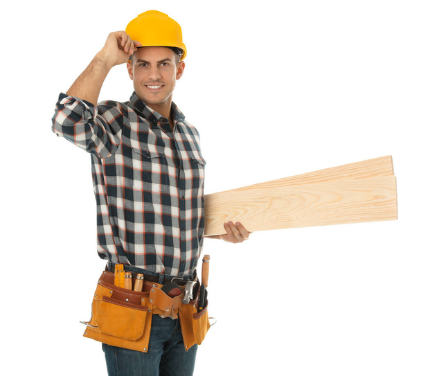 Handsome carpenter with wooden planks isolated on white - Φωτογραφία, εικόνα