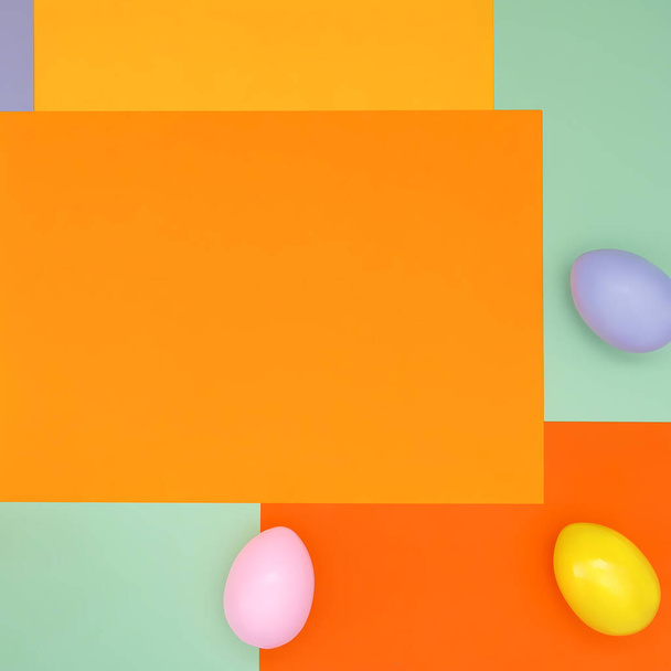 Fundo brilhante com um padrão geométrico não simétrico em cores da moda com uma composição de seus ovos de Páscoa. Concepção fundo, férias, Páscoa, criatividade infantil
 - Foto, Imagem