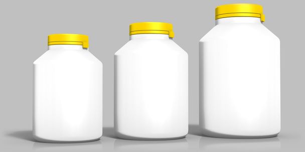 Three white bottles with yellow cap - Φωτογραφία, εικόνα