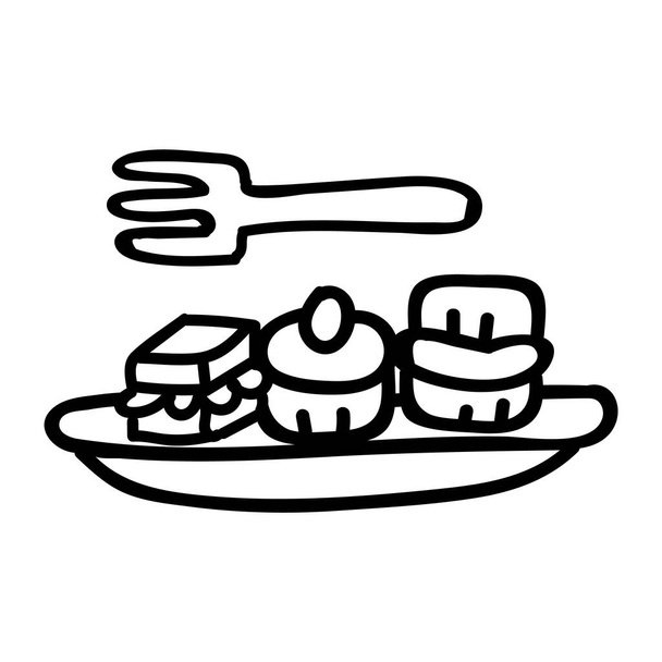 Roztomilý odpolední čajový dort a sendviče kliparty. Ručně kreslené mražené cukrářské jídlo. Chutné sladké pečivo v ploché barvě. Monochromaticky izolované chutné, koláčky, pekárny. Vektorové Eps 10.  - Vektor, obrázek