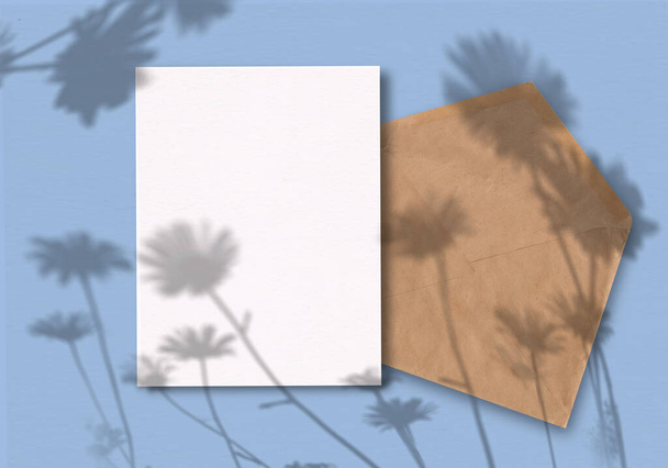 Envelope with a sheet of paper on a blue background. Mockup with overlay of plant shadows . Natural light casts a shadow from above. - Photo, Image