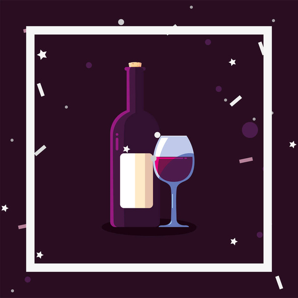Wine bottle and cup inside frame vector design - Vector, Image