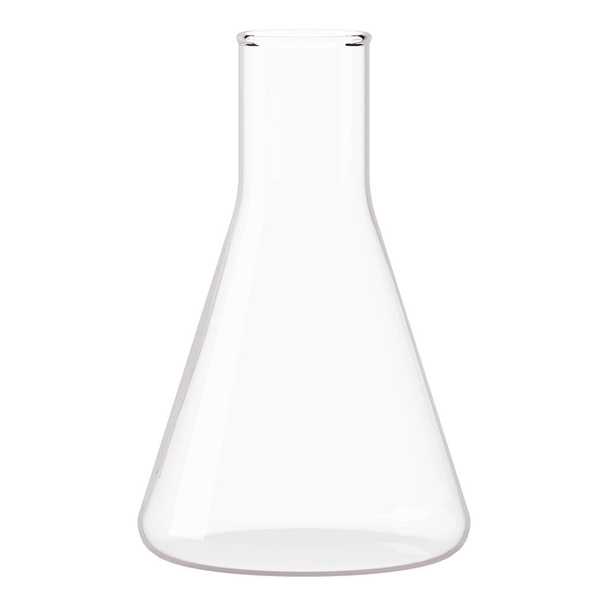 Transparante glazen laboratoriumkolf. Flacon gevuld met vloeistof op een witte achtergrond. 3d destructie. - Foto, afbeelding