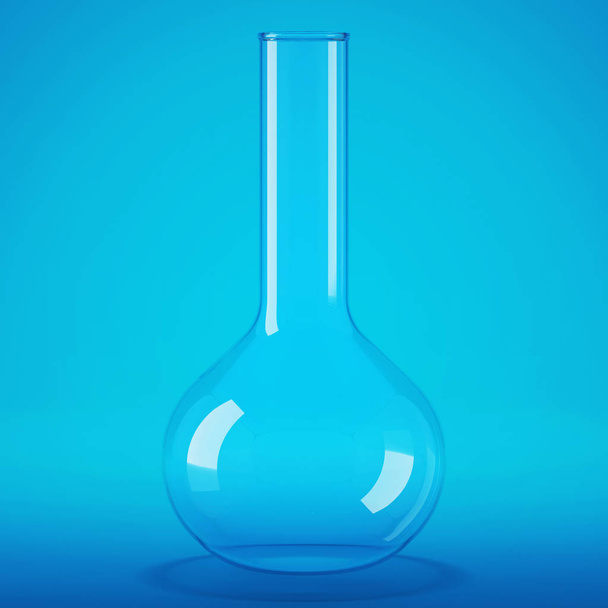 Transparante glazen laboratoriumkolf. Flacon blauwe achtergrond. 3d destructie. - Foto, afbeelding