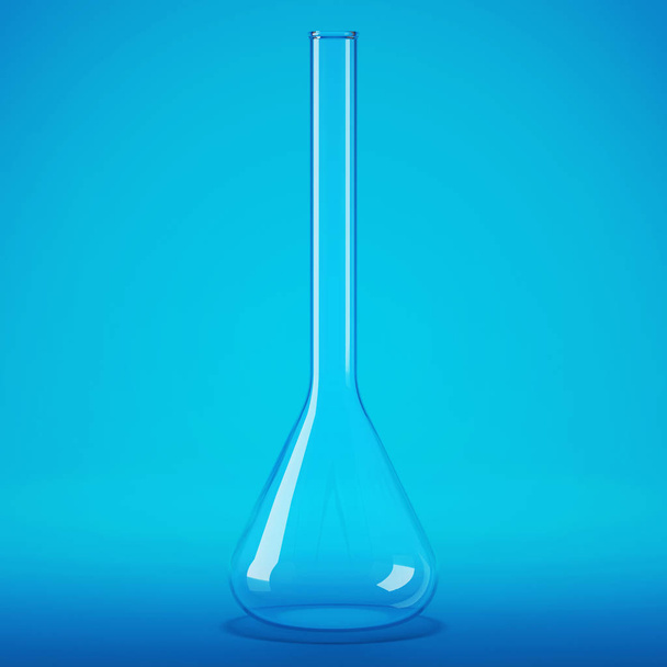 Frasco de laboratorio de vidrio transparente. Frasco de fondo azul. Renderizado 3D
. - Foto, Imagen