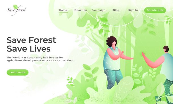 Salvar el bosque y salvar vidas Landing Page Design con jóvenes sin rostro
 - Vector, Imagen