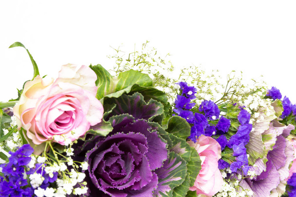 flower decoration of roses,statice,cabbages and veil - Photo, Image