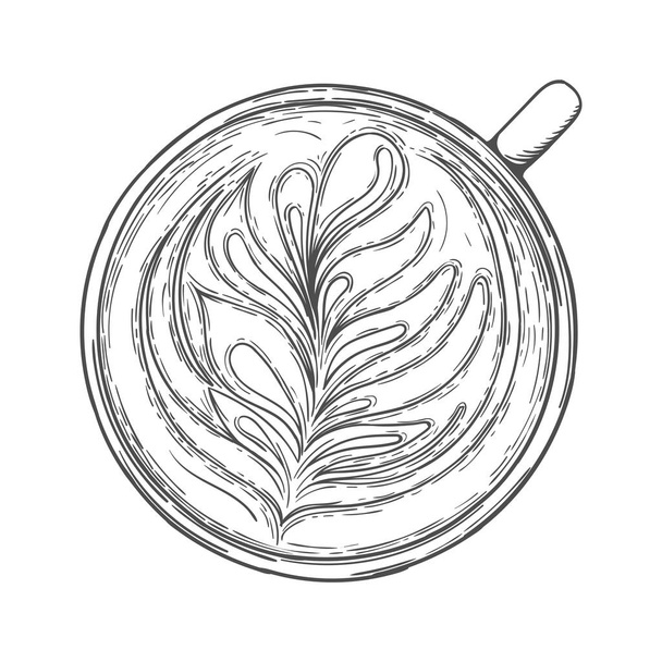 Latte τέχνη. Κύπελλο του καφέ με μοτίβο αφρού πάνω όψη - Διάνυσμα, εικόνα