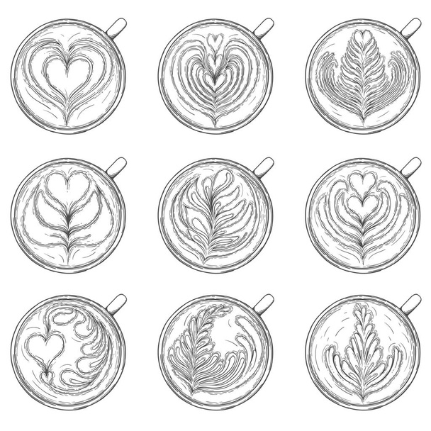 Coleção de arte latte. Copos de café com padrão de espuma vista superior
  - Vetor, Imagem