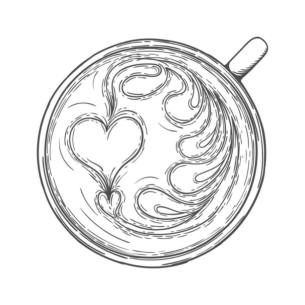 Sztuka latte. filiżanka kawy z piankowym wzorem widok z góry - Wektor, obraz