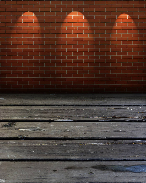 Empty table and brick wall in background with three spotlight - Fotoğraf, Görsel