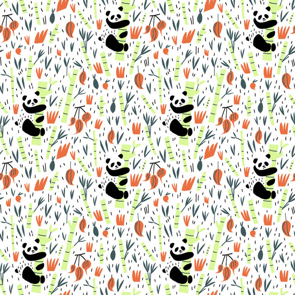 Панда медведи и бамбуковые ветви листья и фрукты бесшовный узор
 - Вектор,изображение