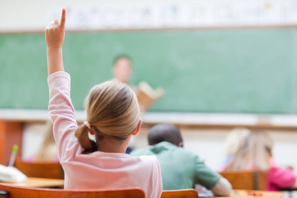 Elementary student with her hand raised - Foto, Bild