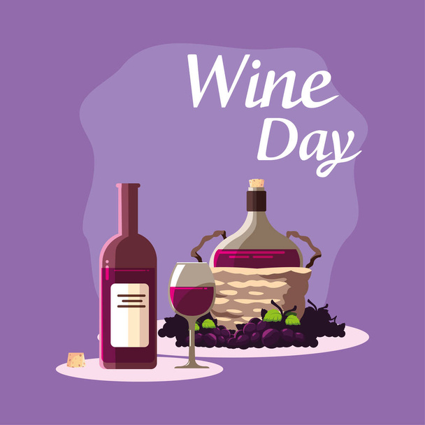 Frasco frasco copo e uvas de vinho dia design vetor
 - Vetor, Imagem