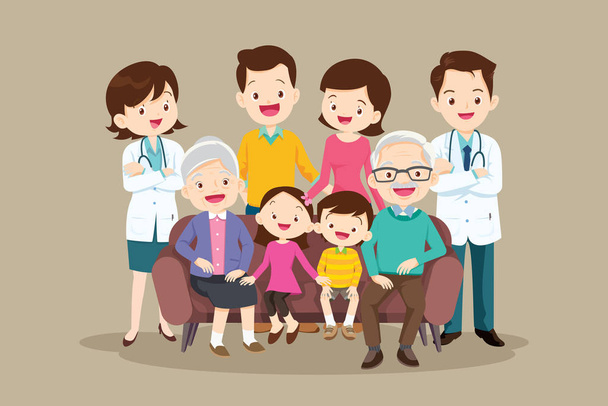 Arzt und glückliche Großfamilie auf dem Sofa - Vektor, Bild
