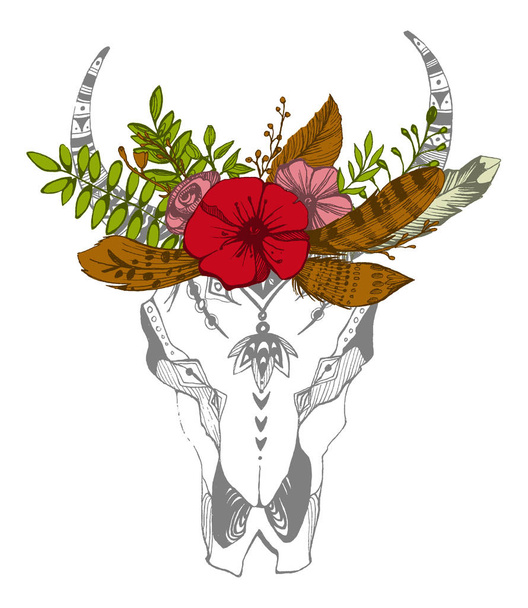 Cow, buffalo, bull skull in tribal style with flowers. Bohemian, boho vector illustration. Wild and free ethnic gypsy symbol. - Vector, Image