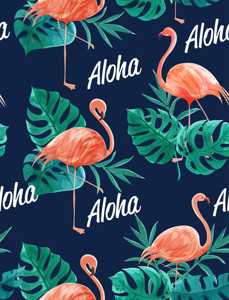Yapraklar ve Aloha metinleri arasında flamingoların dikişsiz vektörü. Yazdırma, duvar kağıdı ve kumaş için tasarım. - Vektör, Görsel