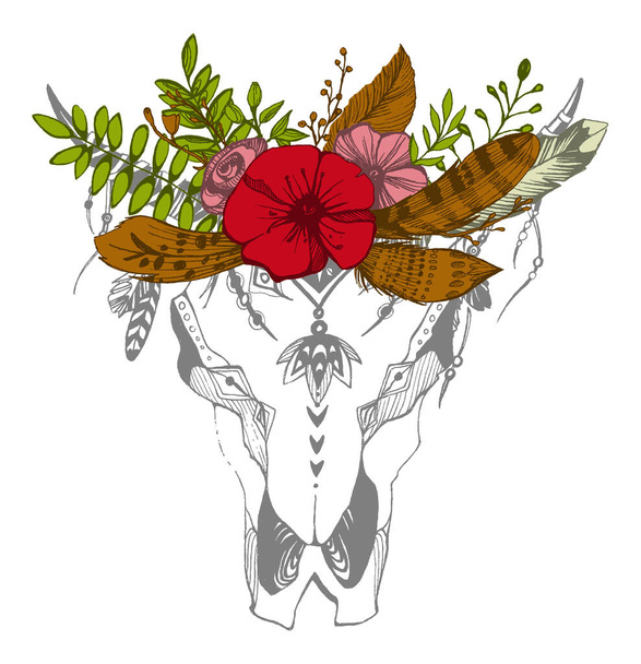 Tehén, bivaly, bika koponya, törzsi stílusban, virágokkal. Bohém, bohókás vektor illusztráció. Wild és ingyenes etnikai cigány szimbólum. - Vektor, kép