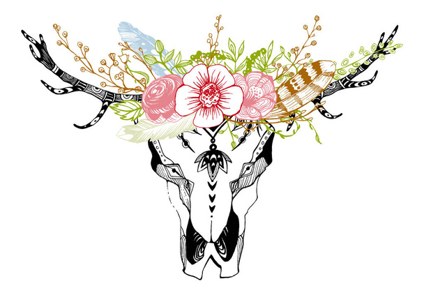 Kráva, buvol, býčí lebka v kmenovém stylu s květinami. Bohemian, boho vektorová ilustrace. Symbol divokého a svobodného etnika. - Vektor, obrázek