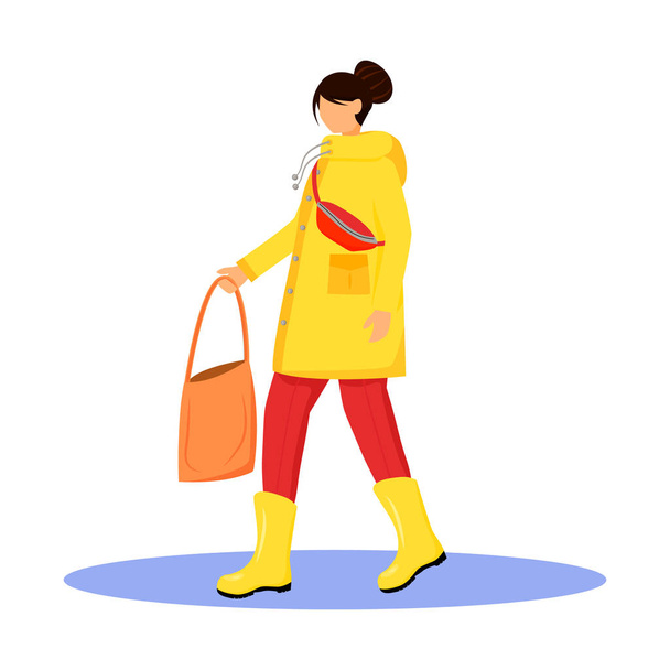 Woman in raincoat flat color vector faceless character. Walking caucasian lady in gumboots. Wet weather. Female with bag in hand isolated cartoon illustration on white background - Vetor, Imagem
