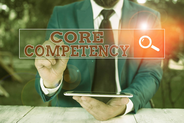 Text sign showing Core Competency. Business photo showcasing harmonized combination of multiple resources and skills - Photo, Image