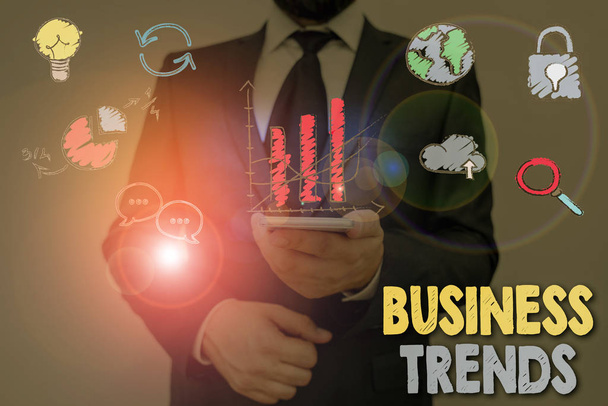 Text sign showing Business Trends. Business photo showcasing a general change in the way business is developing - Photo, Image