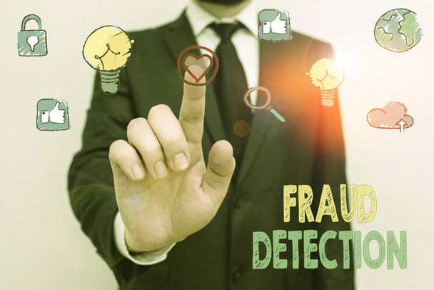Schrijfbriefje met Fraude Detectie. Bedrijfsfoto 's van de identificatie van feitelijke of verwachte fraude. - Foto, afbeelding