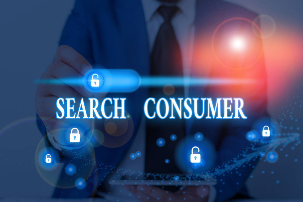 Writing note showing Search Consumer. Business concept for research onconsumers preferences and behavior in a market - Photo, Image