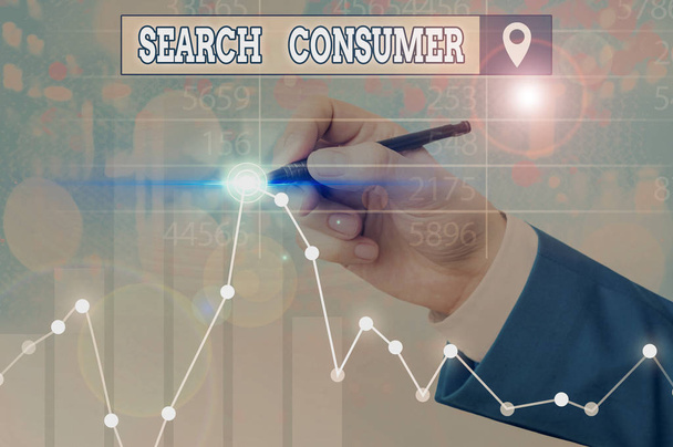 Γραπτό σημείωμα που δείχνει Αναζήτηση Καταναλωτή. Επιχειρηματική έννοια για την έρευνα σχετικά με τις προτιμήσεις και τη συμπεριφορά των καταναλωτών σε μια αγορά - Φωτογραφία, εικόνα
