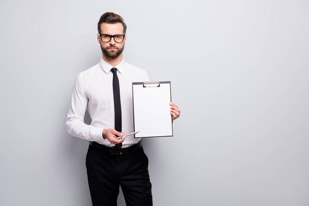 Portrait of strict expert man promoter marketer have partnership executive meeting show clipboard indicate pen profit tips list wear white look black clothes isolated grey color background - Foto, Imagen