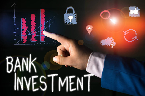 Znak tekstowy pokazujący Bank Investment. Biznes zdjęcie tekst pośrednik finansowy, który wykonuje różne usługi - Zdjęcie, obraz