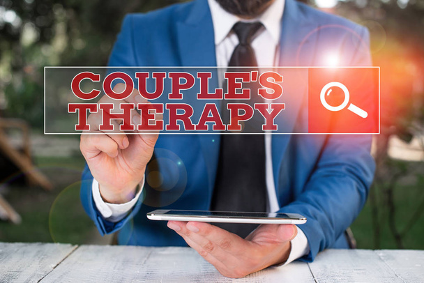 Text sign showing Couple S Therapy. Business photo showcasing treat relationship distress for individuals and couples - Photo, Image