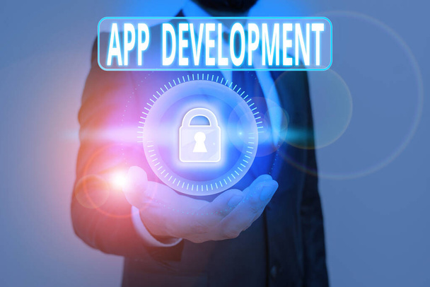 Kézírás szöveg App Development. Fogalmi fotó a cselekmény vagy folyamat, amellyel a mobil alkalmazás fejlesztése - Fotó, kép