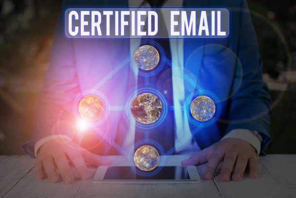 Word writing text Certified Email. Business photo showcasing email whose sending is certified by a neutral thirdparty Elements of this image furnished by NASA - Photo, Image