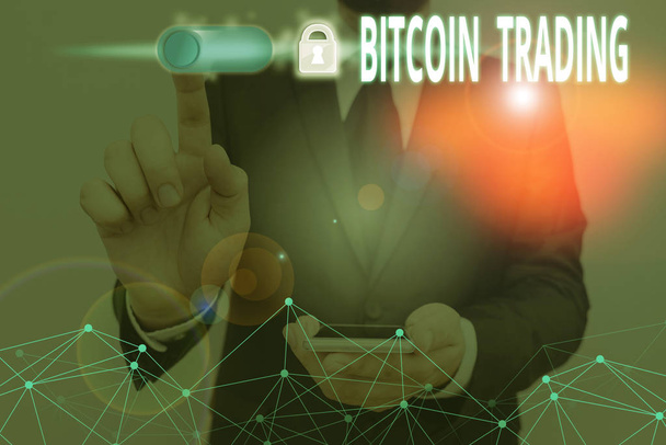 Signo de texto que muestra Bitcoin Trading. Compras y ventas de criptomonedas en el mercado de valores
 - Foto, Imagen