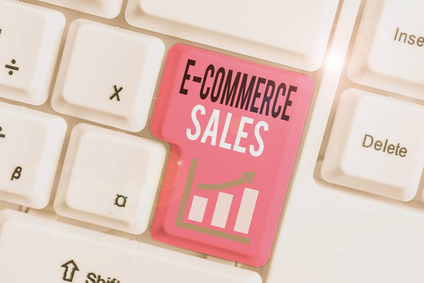 Word writing text E Commerce Sales. Business photo showcasing activity of buying or selling of products on online service - Фото, изображение