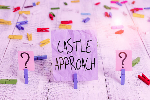 Word writing text Castle Approach. Business photo showcasing Fortified place built by nobles Home for nobility or royalty Scribbled and crumbling sheet with paper clips placed on the wooden table - Photo, Image