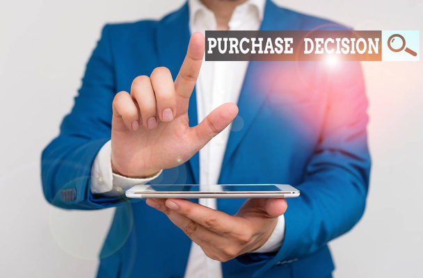 Word writing text Purchase Decision. Business photo showcasing process that leads a consumer from identifying a need, Businessman with pointing finger in front of him - Photo, Image
