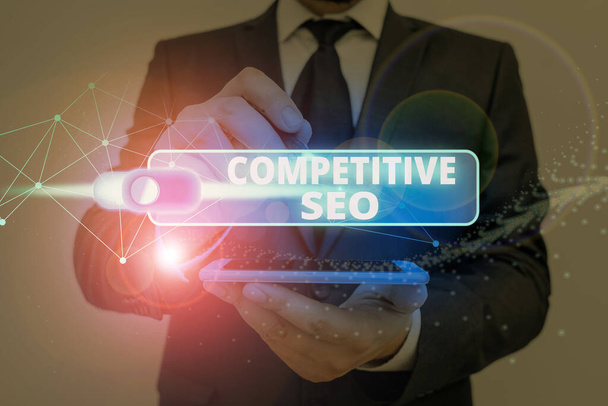 Znak tekstowy pokazujący Konkurencyjne Seo. Zdjęcie biznesowe przedstawiające proces oceny przebiegu rankingu - Zdjęcie, obraz
