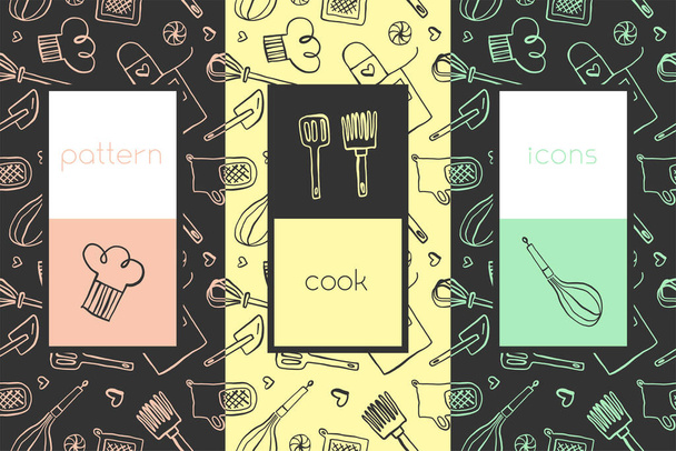 Bakery vector symbol with gastronomic seamless pattern. Doodle background for restaurant branding. Hand-drawn illustrations of bakehouse. Linear icons for emblem of cooking class. Cooking food pattern. - ベクター画像