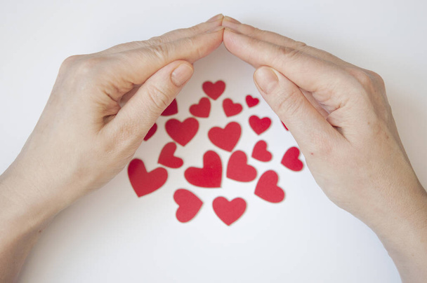 Fondo del Día de San Valentín. Las manos de las mujeres sostienen muchos corazones rojos i
 - Foto, imagen