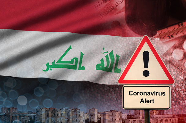 Iraq flag and Coronavirus 2019-nCoV alert sign. Concept of high probability of novel coronavirus outbreak through traveling tourists - Photo, Image