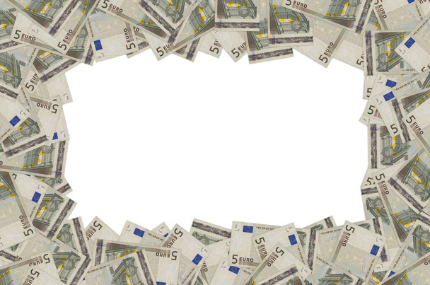 Parte del patrón de 5 billetes en euros primer plano con pequeños detalles marrones
 - Foto, imagen