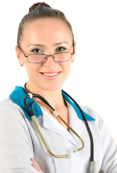Sexy nurse with stethoscope on white background - Foto, afbeelding
