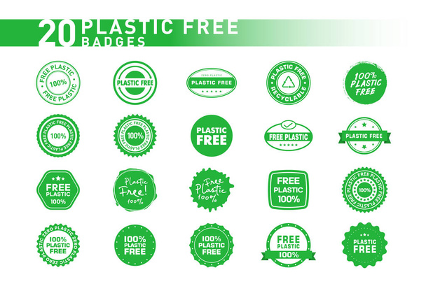 Коллекция из 20 пластиковых свободных различных значков, символов и эмблем. Экология и защита окружающей среды. Векторная иллюстрация
. - Вектор,изображение