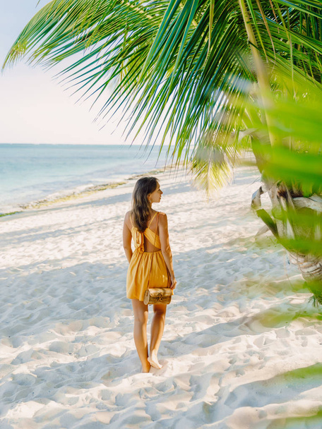 Молодая женщина в платье отдыхает на тропическом пальмовом пляже. Феликс v
 - Фото, изображение