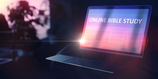 Concepto de crecimiento personal. Estudio de la Biblia en línea en el ordenador portátil. 3D
. - Foto, Imagen