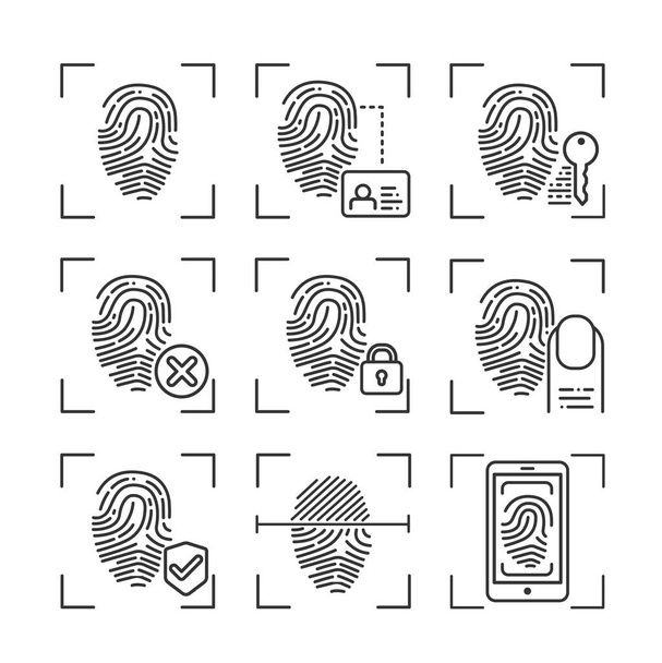 指紋スキャンは、セキュリティアクセスブラックラインアイコンセットを提供します。身分証明書と本人確認。概念:認可、 DNAシステム、科学技術、スキャン。生体認証要素. - ベクター画像