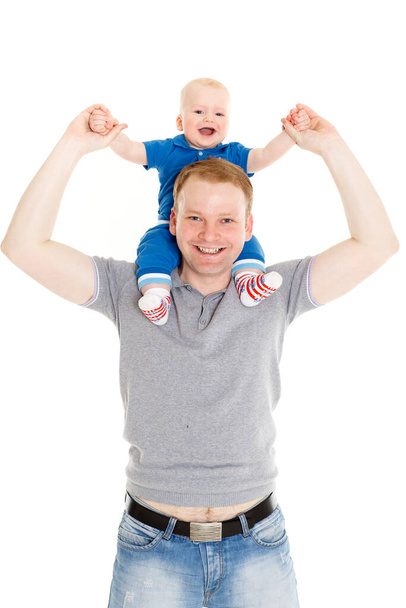 Young father and little child on a white background. Happy family. - Fotoğraf, Görsel